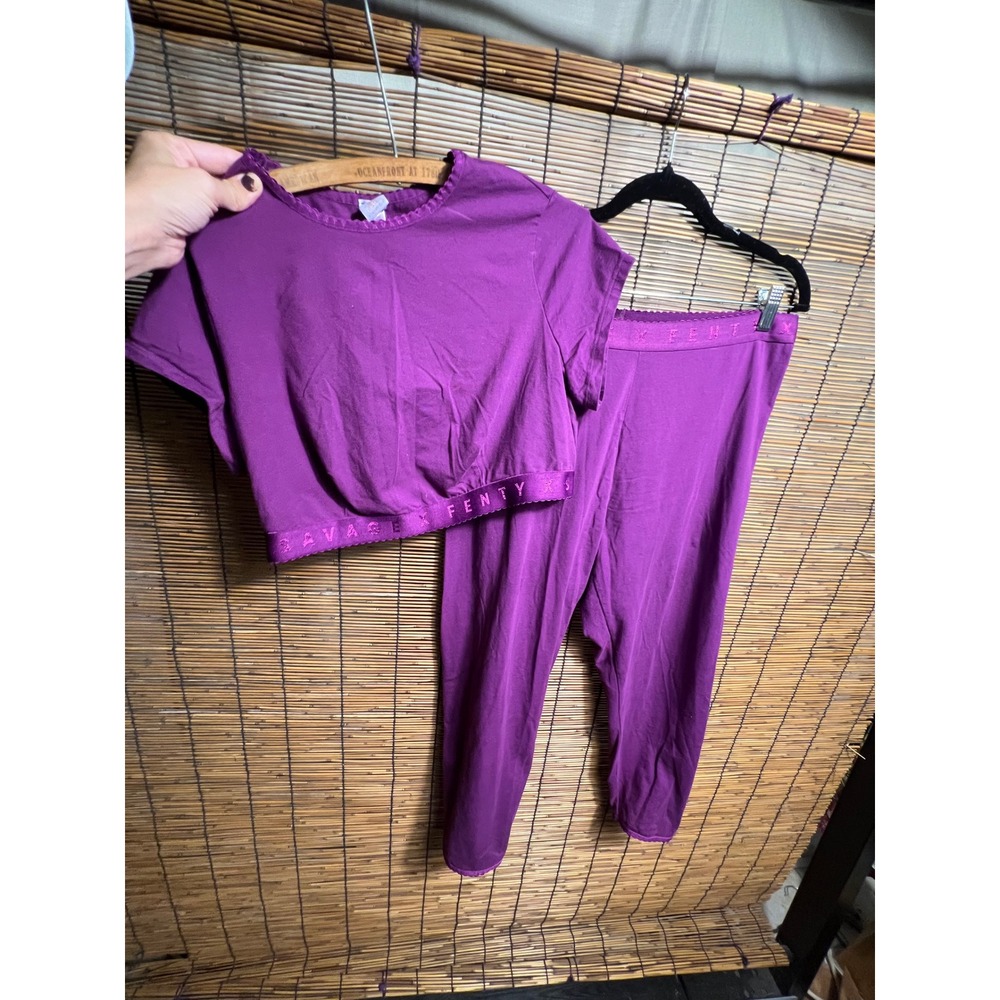 Savage X Fenty 2X Lounge Set Purple Crop Top and Leggings Logo Trim